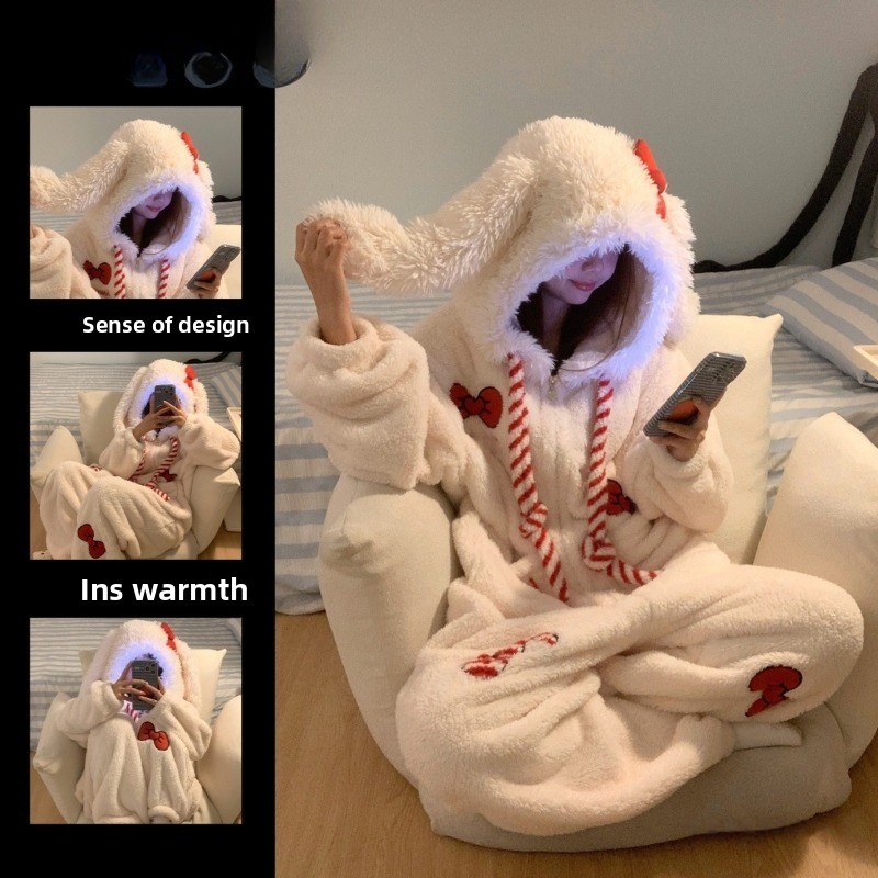 Fleece Hoodie Lined - Sweet and Cute Bow Rabbit One-piece