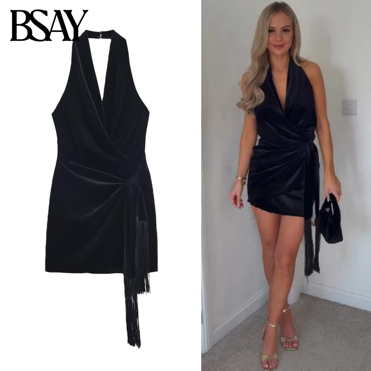 BSAY Tassel Velvet Short Dress - Winter Clothing In French 评论和价格