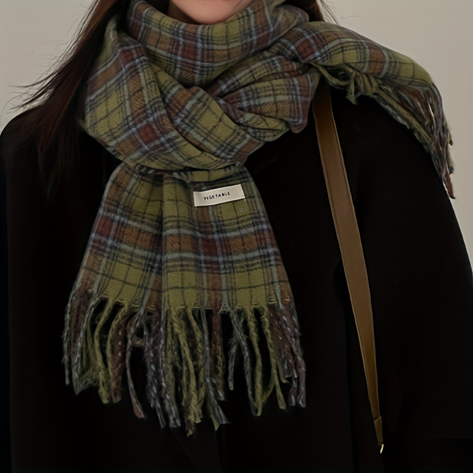 Vintage Green Plaid Tassel Sca - Cashmere Scarf Wrap 评论和价格
