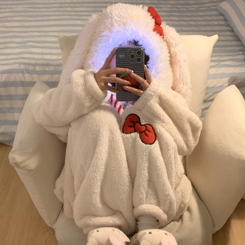 Sweet and Cute Bow Rabbit One- - Fleece Hoodie Lined 评论和价格