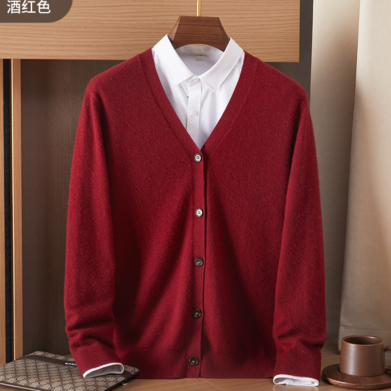 Red men's V-neck cashmere card - Wool Blend Coat 评论和价格